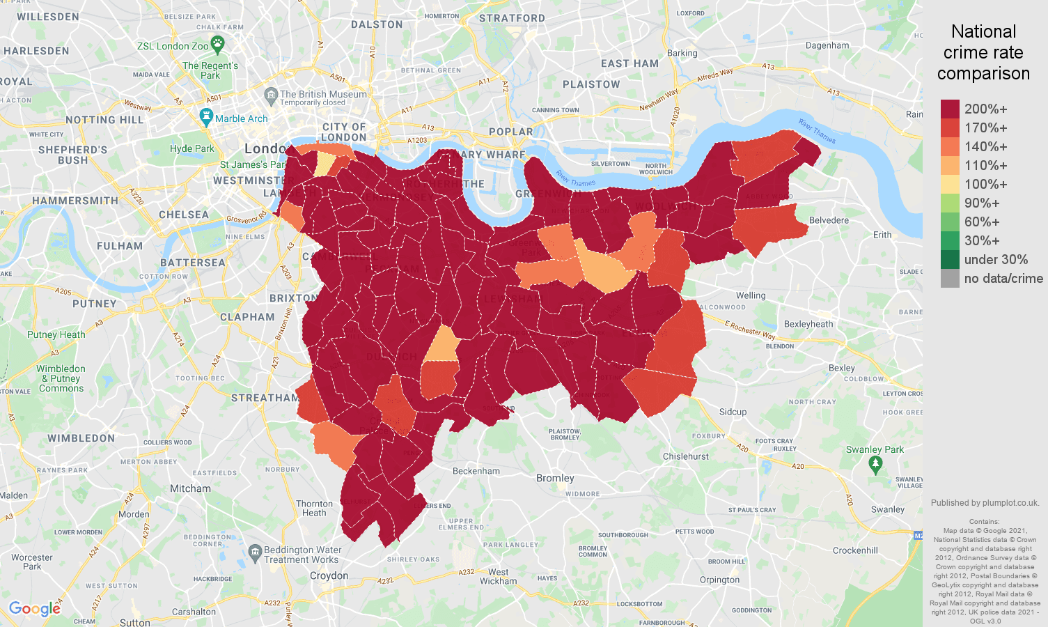 South East London robbery crime rate comparison map