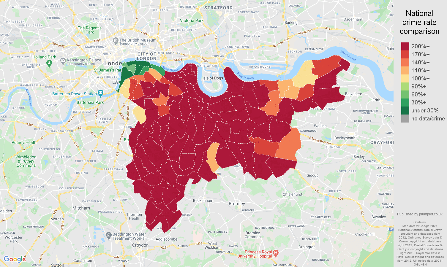 South East London vehicle crime rate comparison map