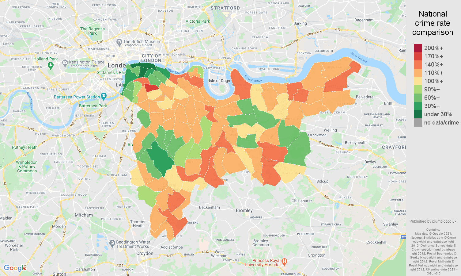 South East London violent crime rate comparison map