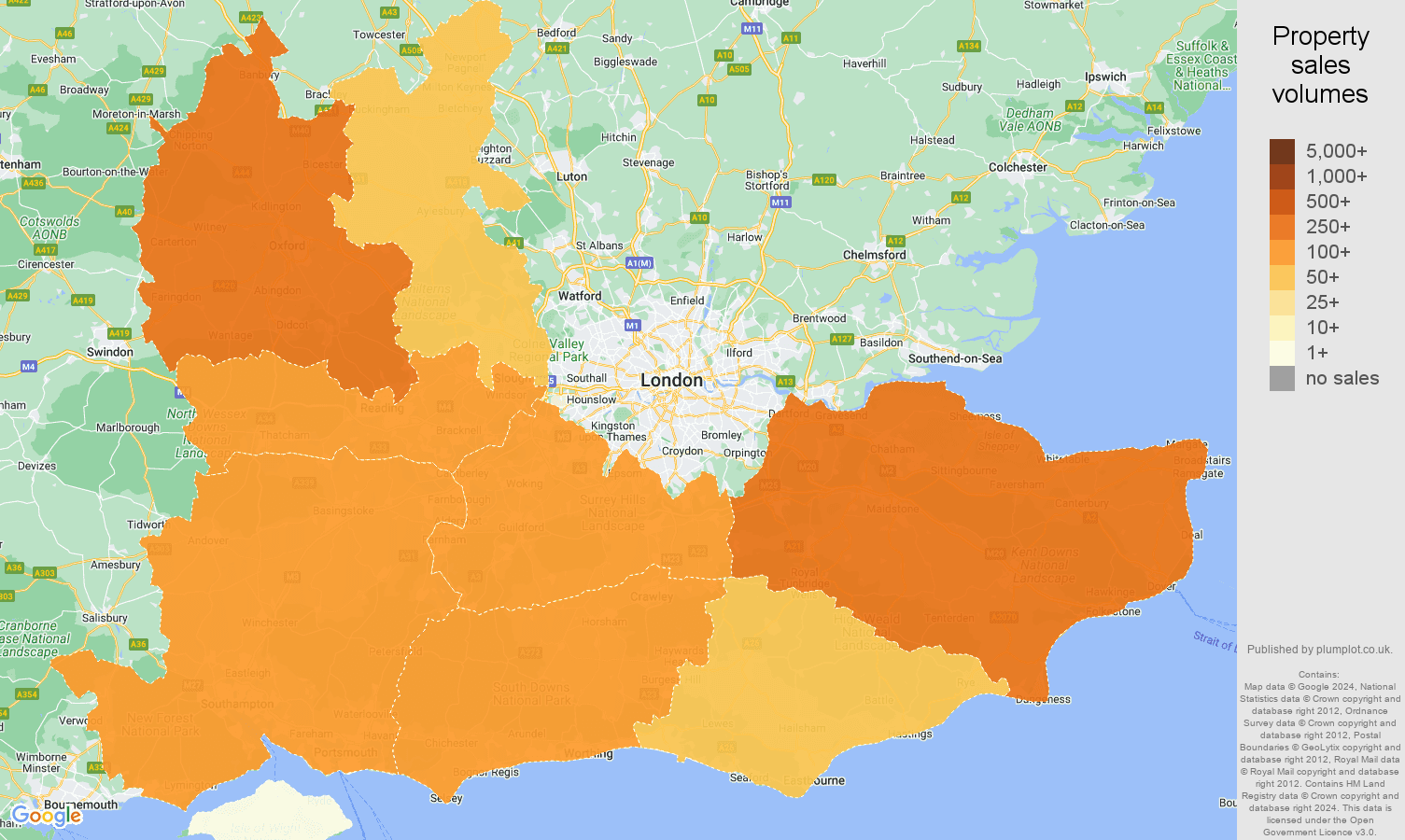 South East map of sales of new properties