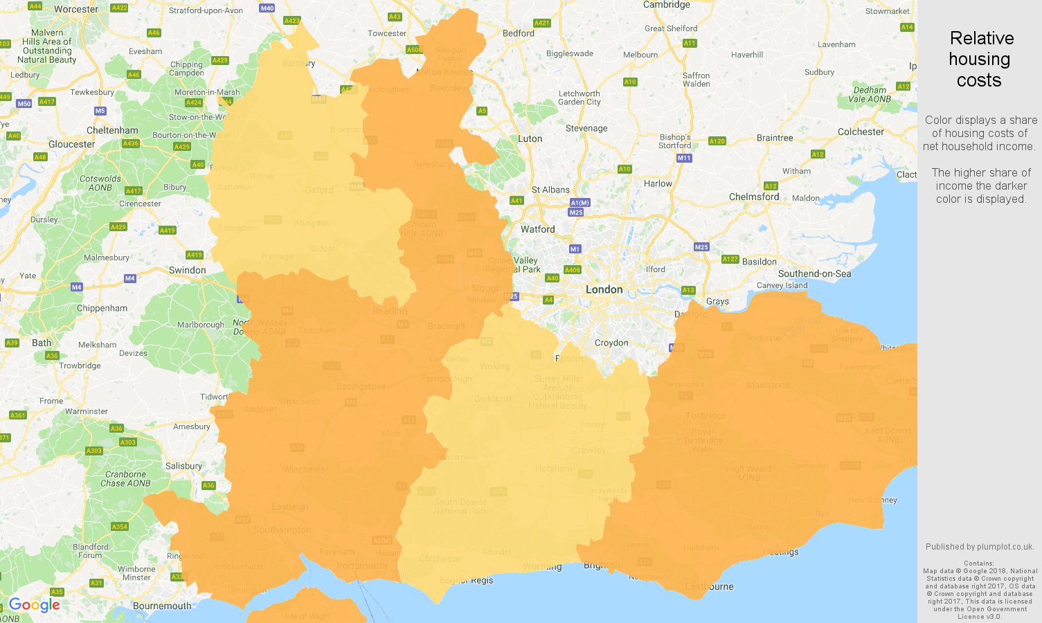 South East relative housing costs map
