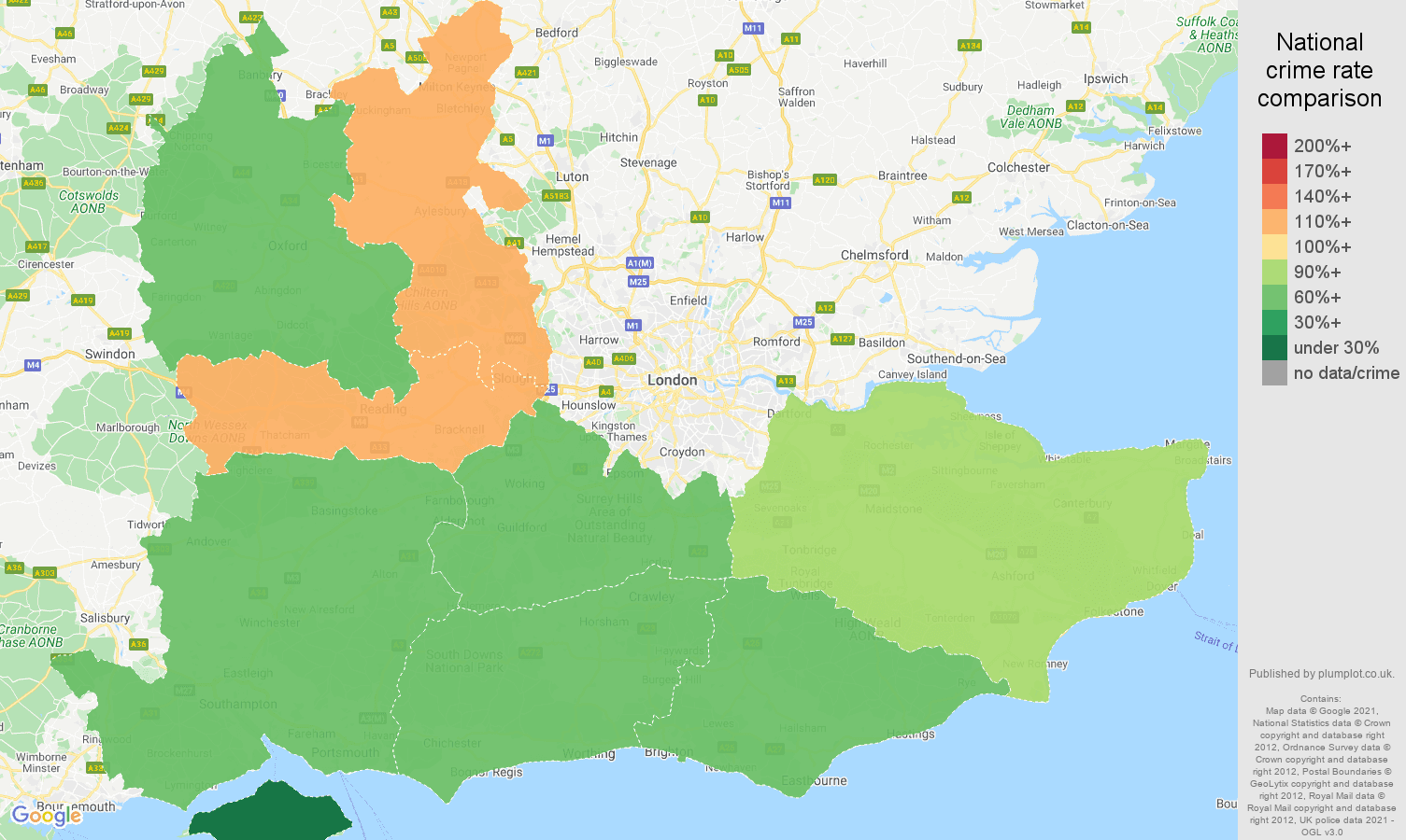 South East vehicle crime rate comparison map