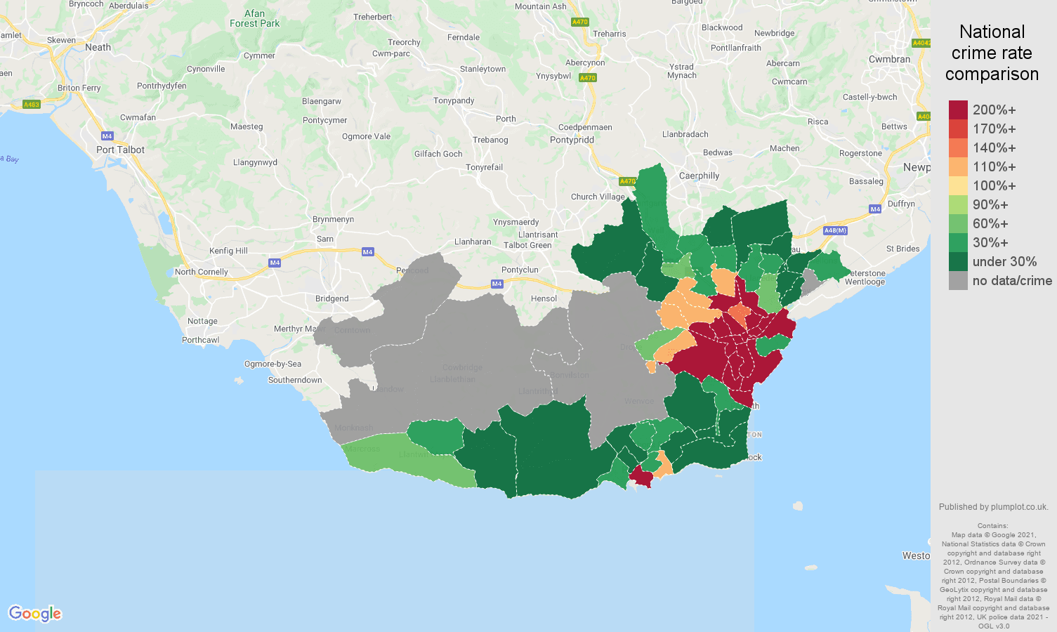 South Glamorgan bicycle theft crime rate comparison map