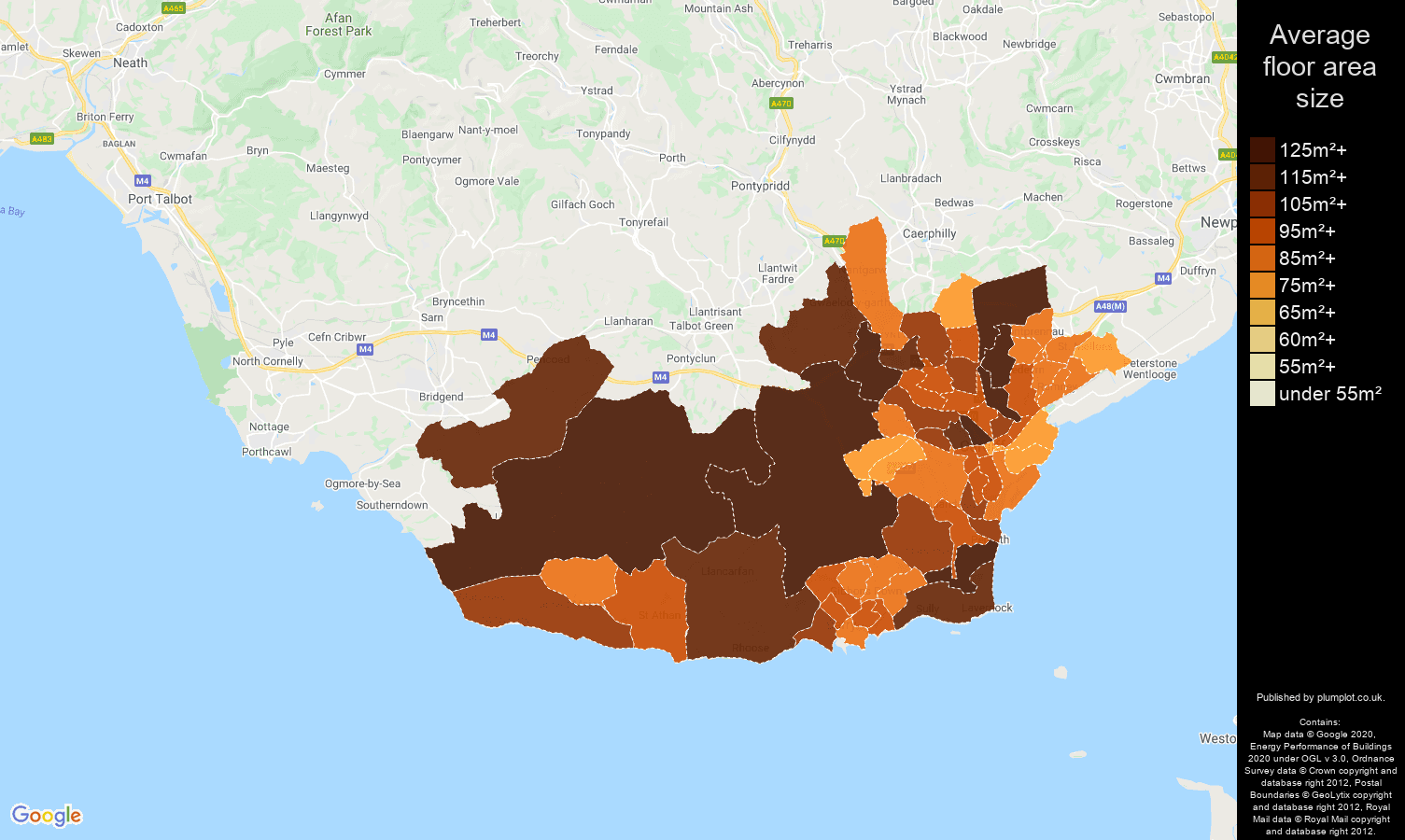 South Glamorgan map of average floor area size of houses