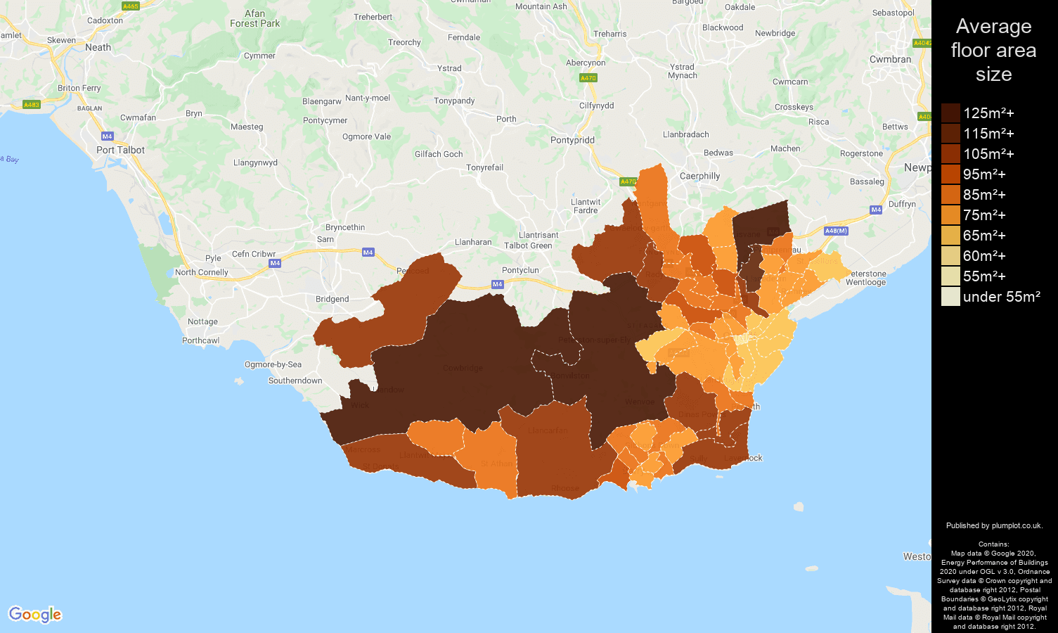 South Glamorgan map of average floor area size of properties