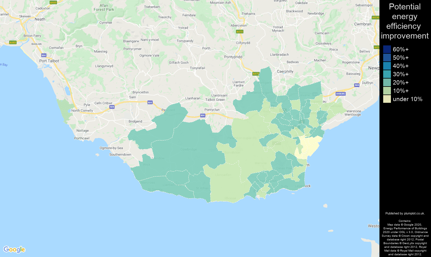 South Glamorgan map of potential energy efficiency improvement of properties