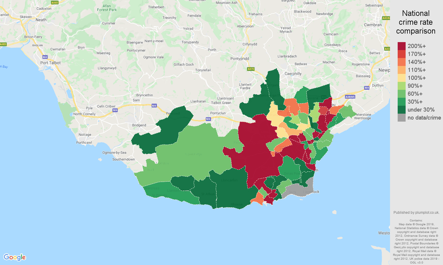 South Glamorgan shoplifting crime rate comparison map