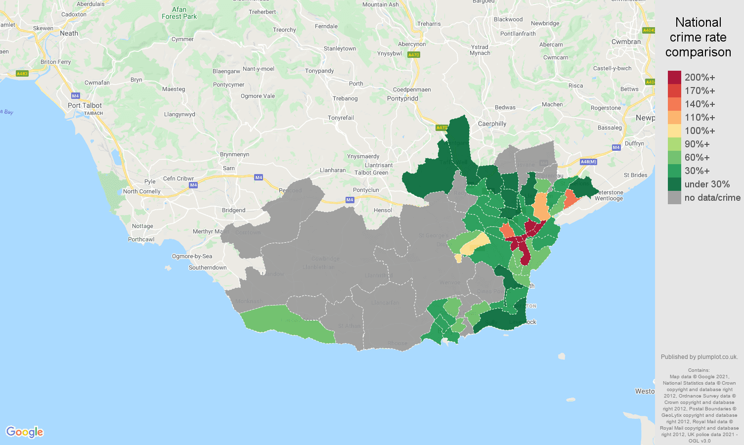 South Glamorgan theft from the person crime rate comparison map