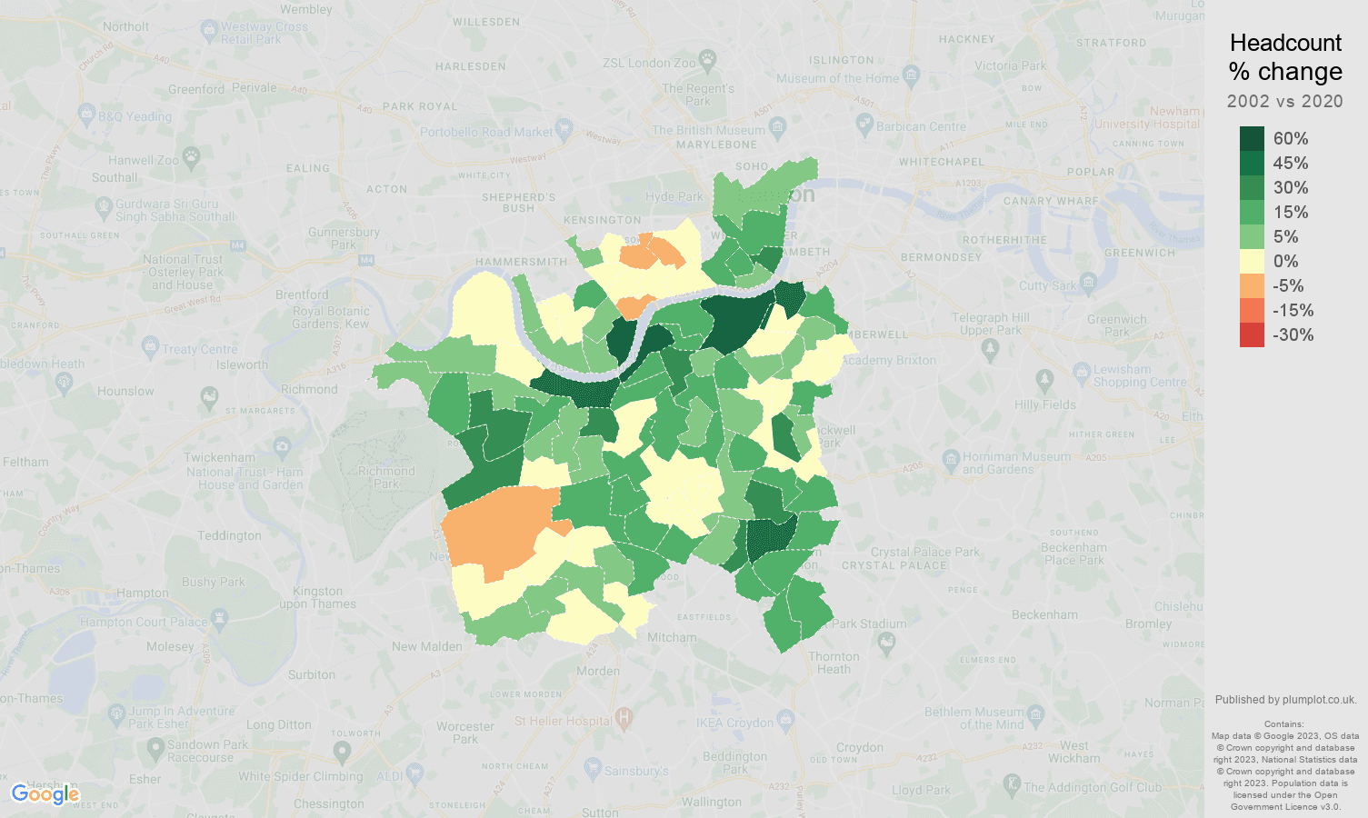 South West London headcount change map