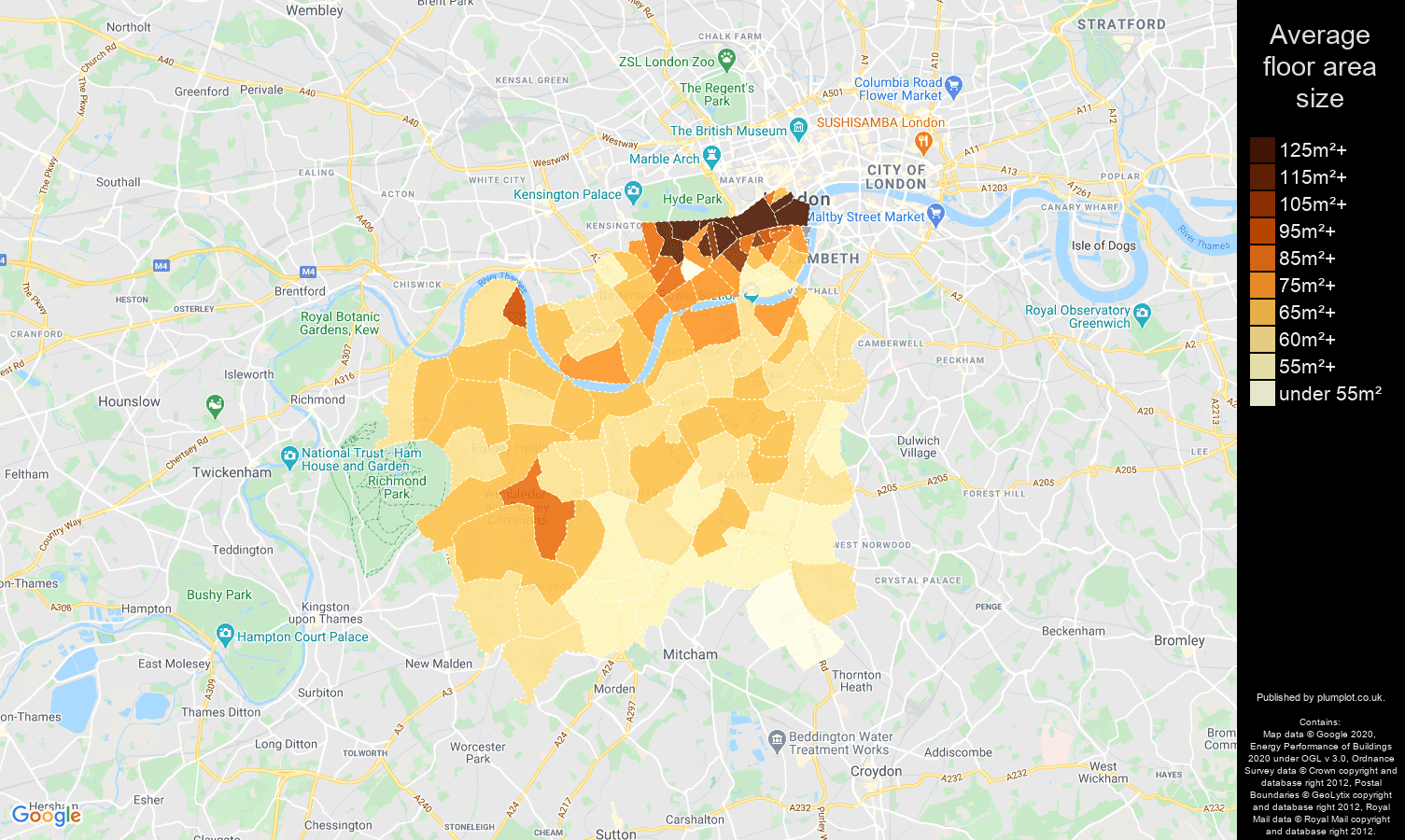 South West London map of average floor area size of flats