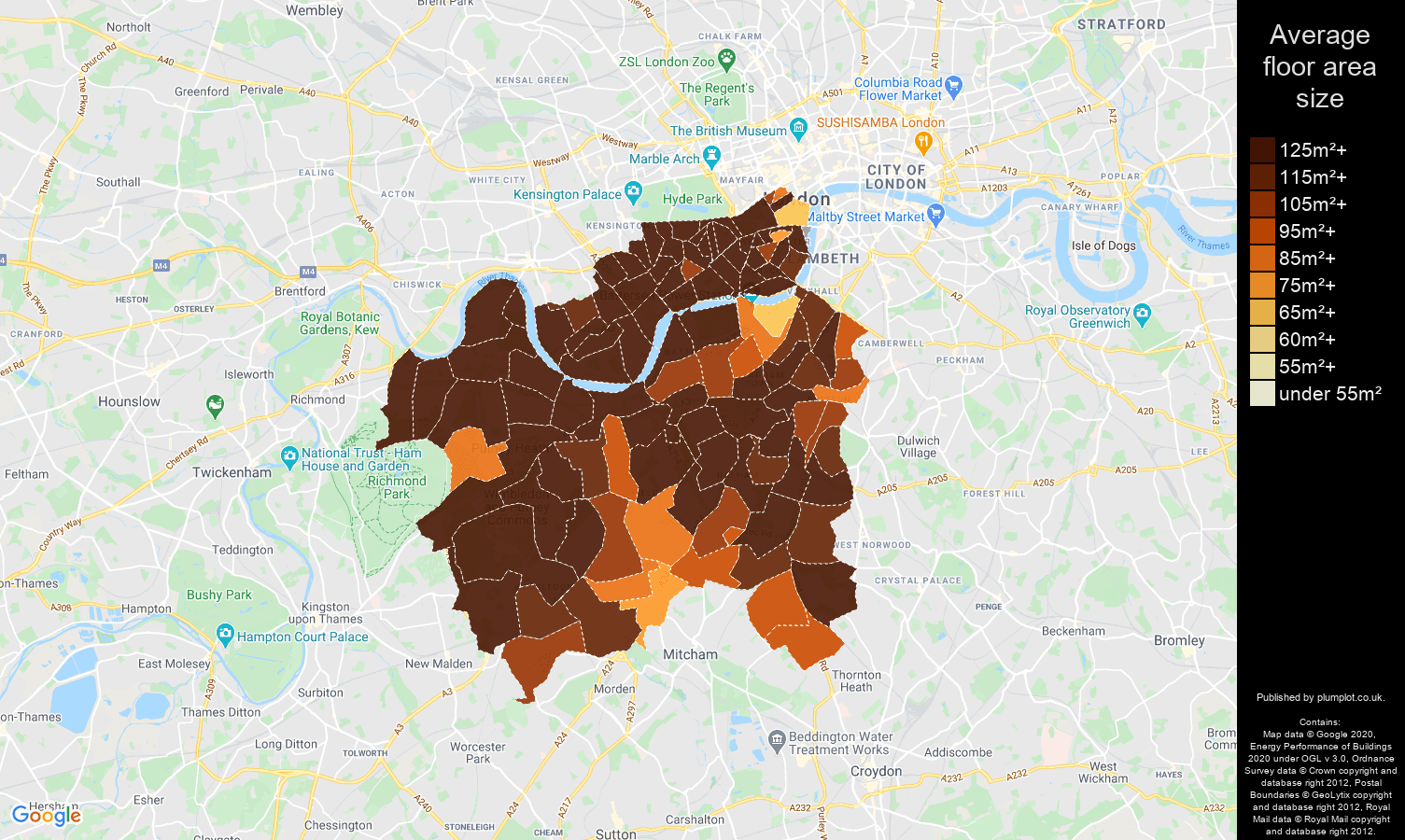 South West London map of average floor area size of houses