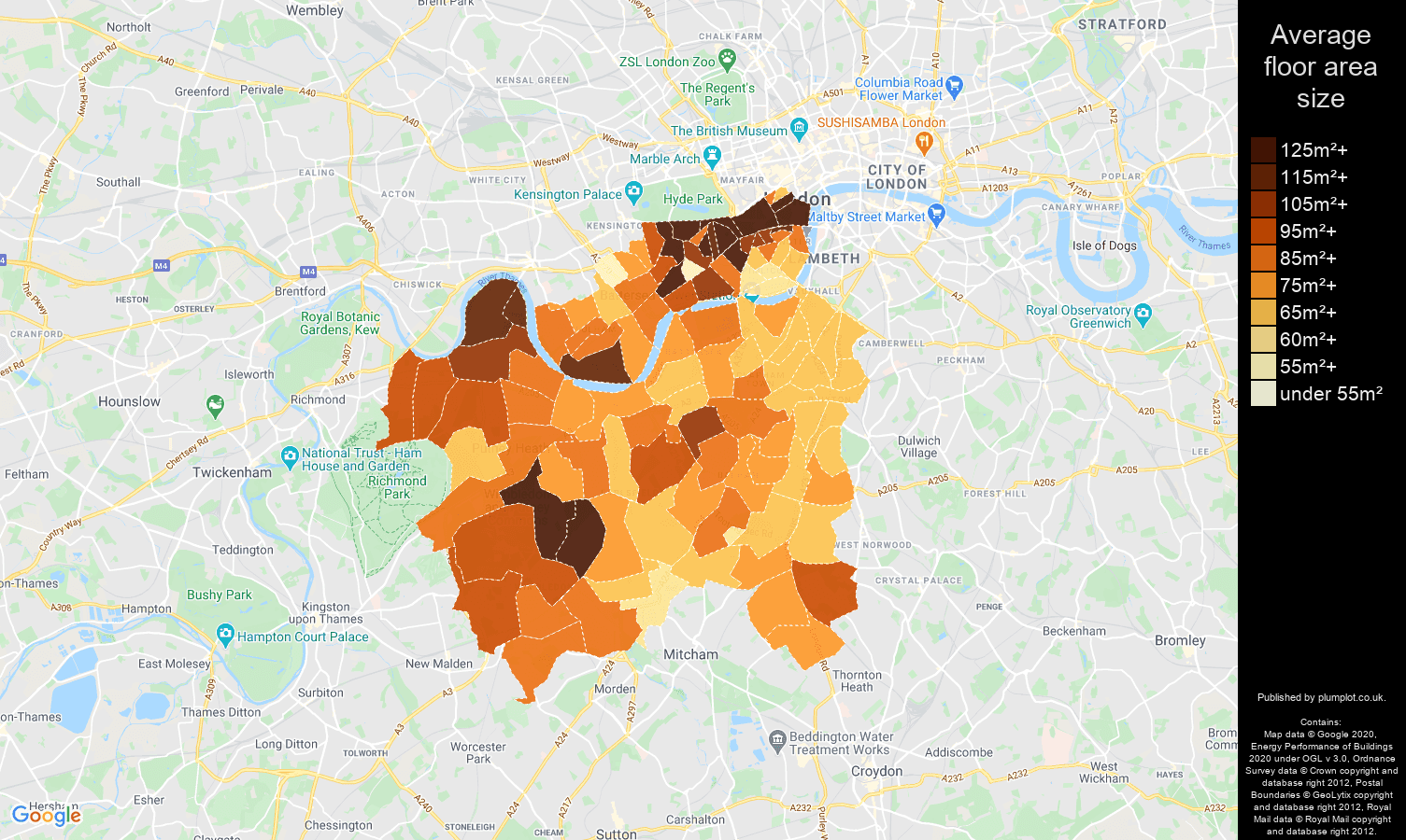 South West London map of average floor area size of properties