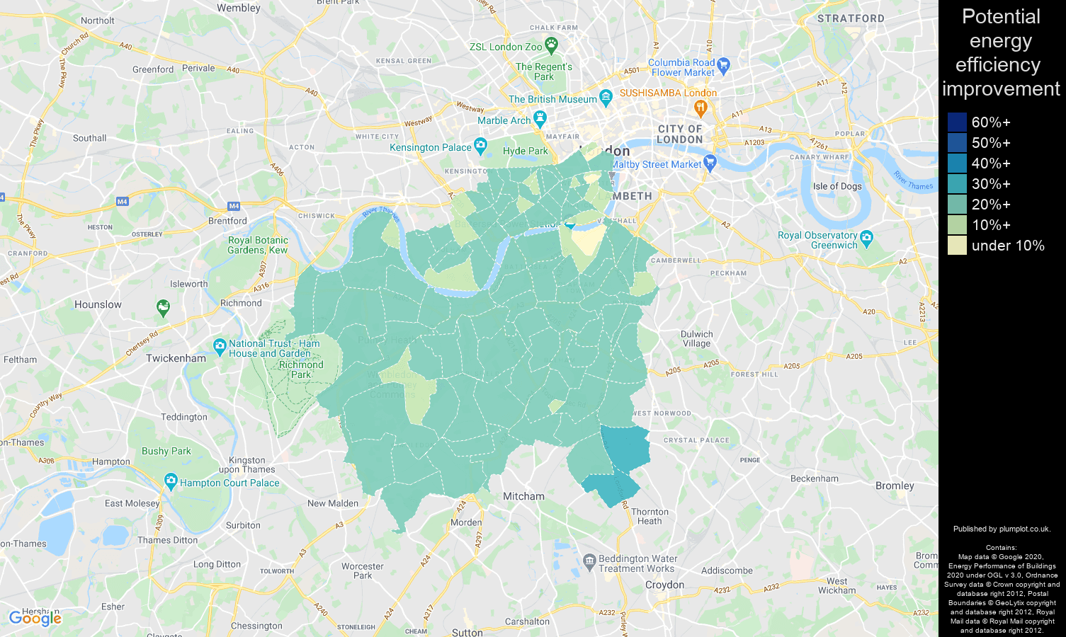 South West London map of potential energy efficiency improvement of houses
