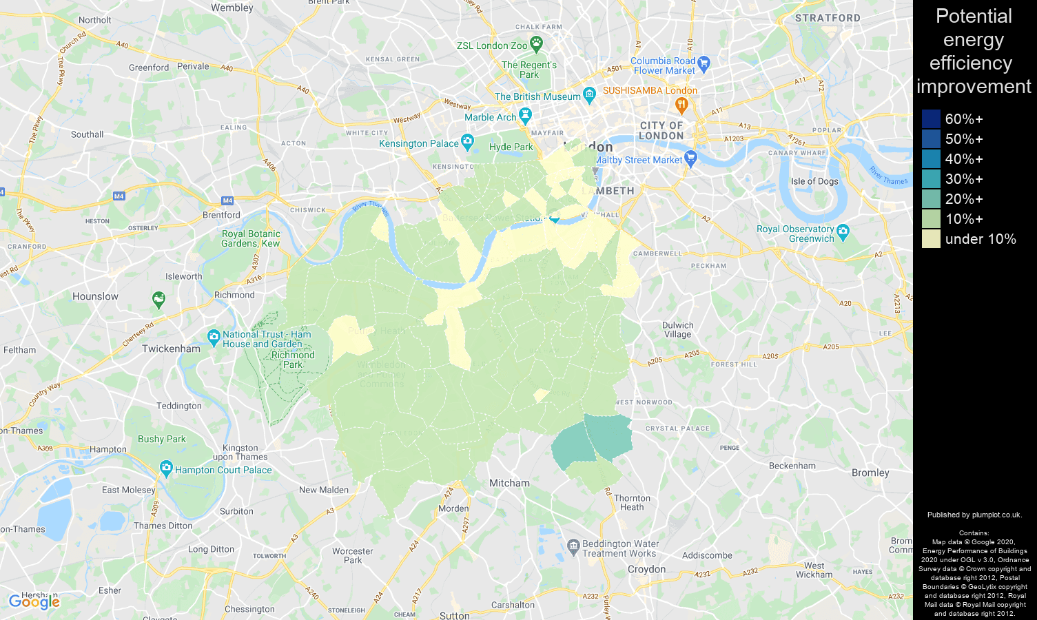 South West London map of potential energy efficiency improvement of properties