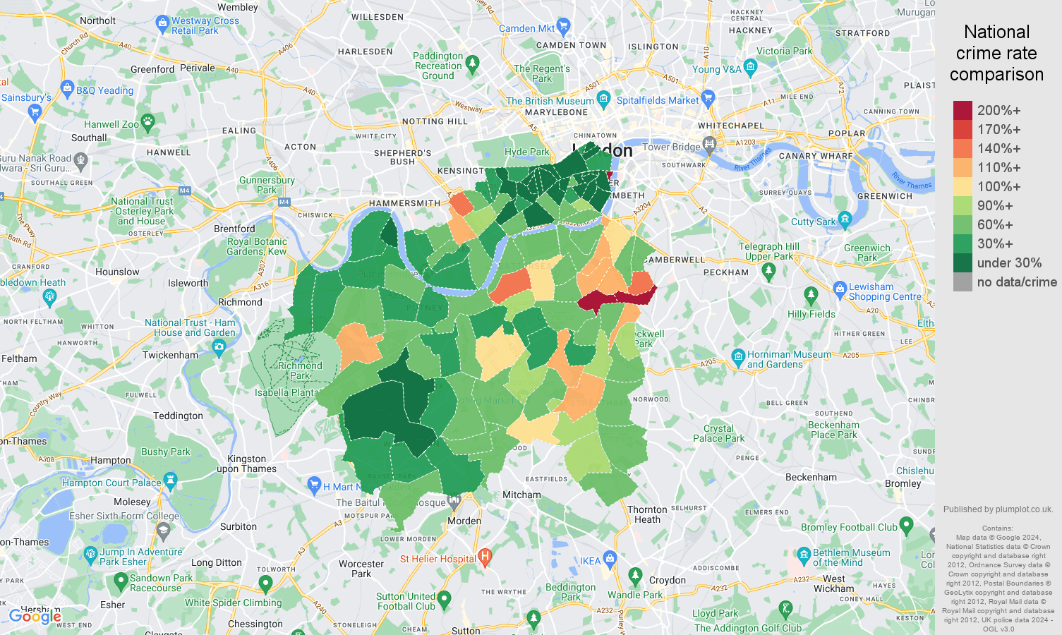 South West London violent crime rate comparison map