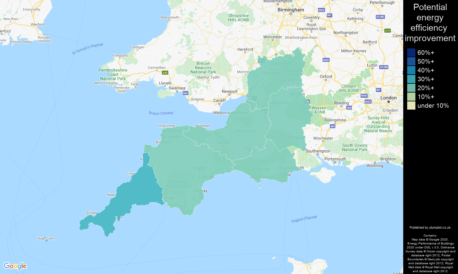 South West map of potential energy efficiency improvement of houses