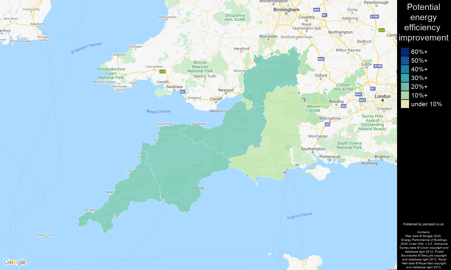 South West map of potential energy efficiency improvement of properties