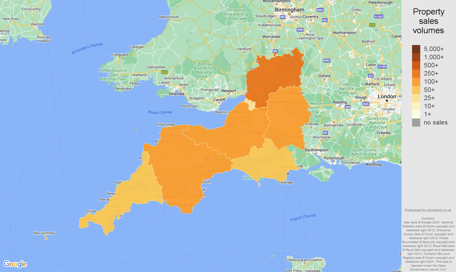 South West map of sales of new properties