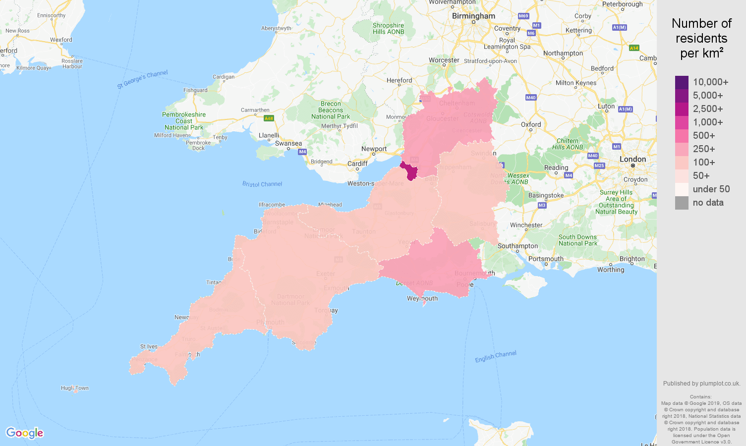 South West population density map