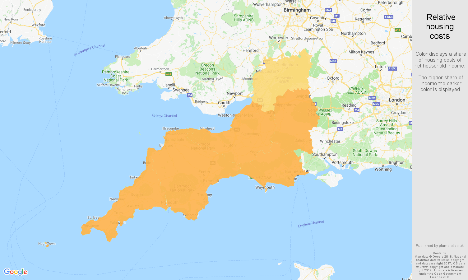 South West relative housing costs map