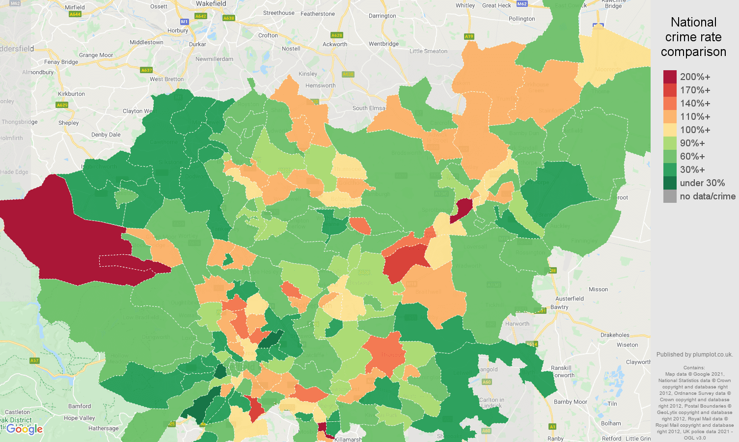 South Yorkshire antisocial behaviour crime rate comparison map