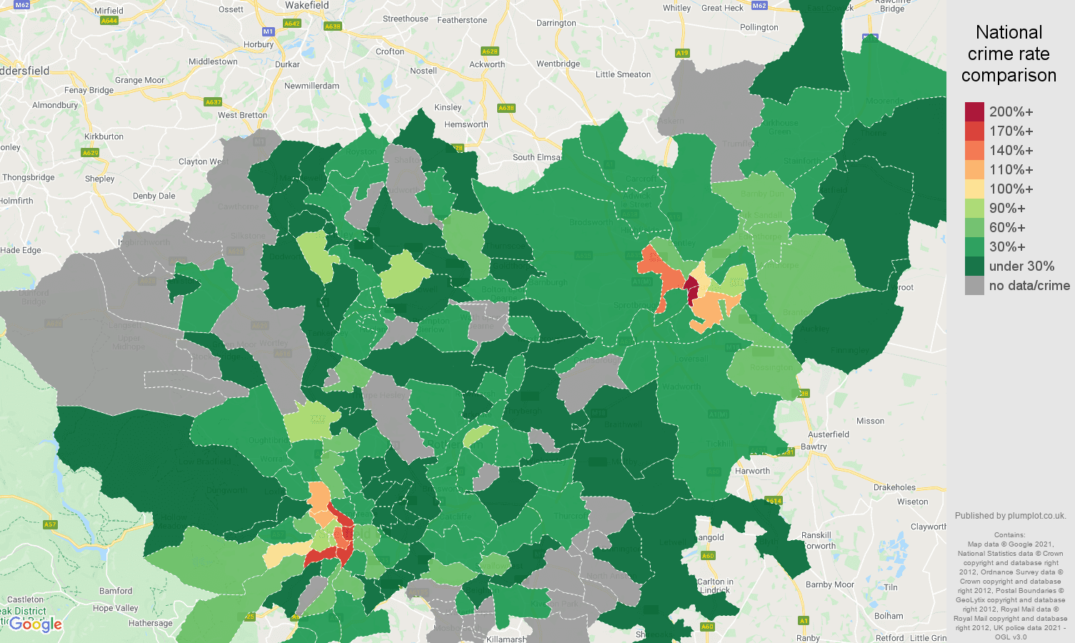 South Yorkshire bicycle theft crime rate comparison map