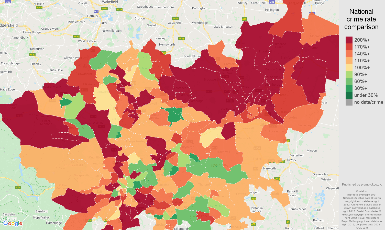 South Yorkshire burglary crime rate comparison map