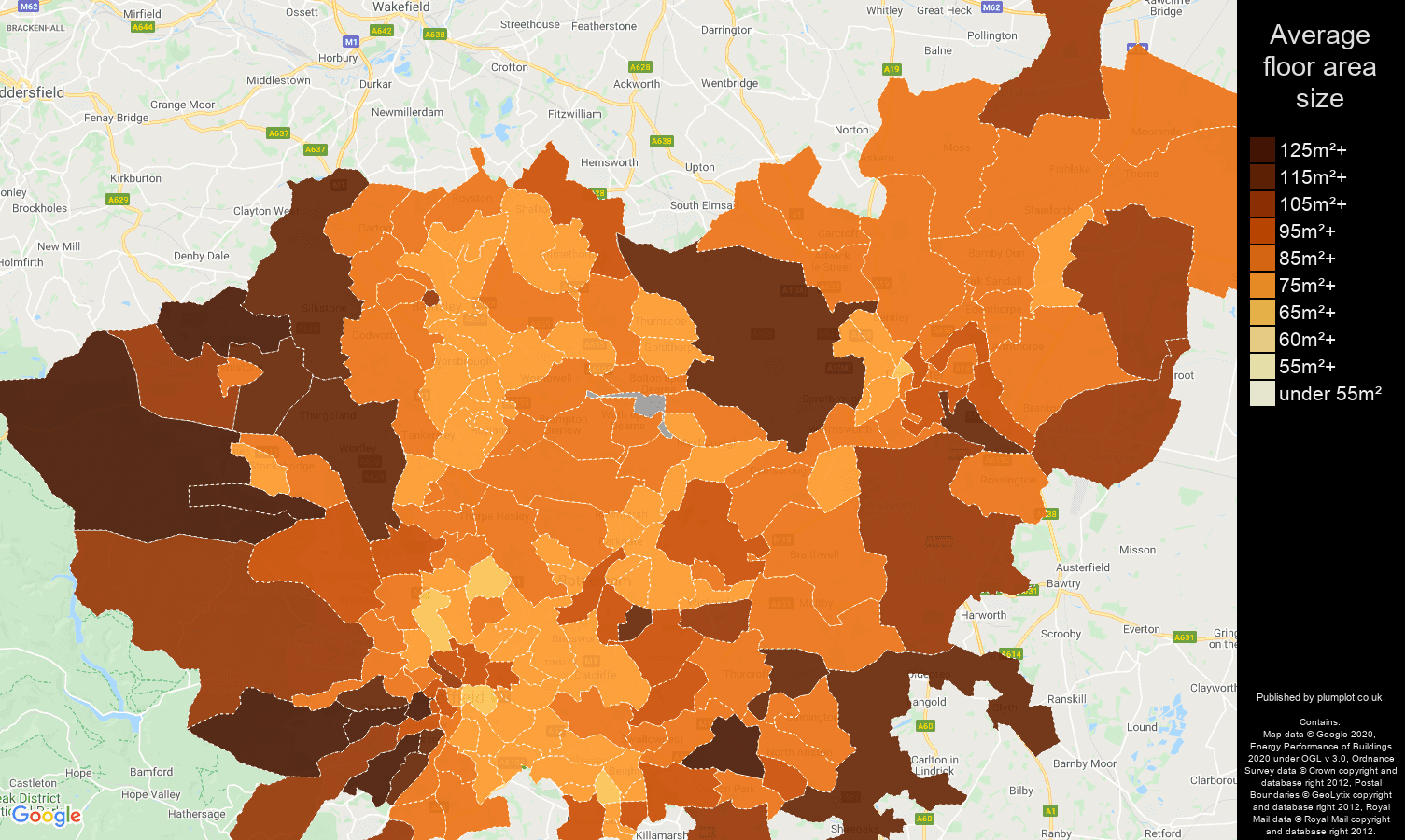 South Yorkshire map of average floor area size of houses