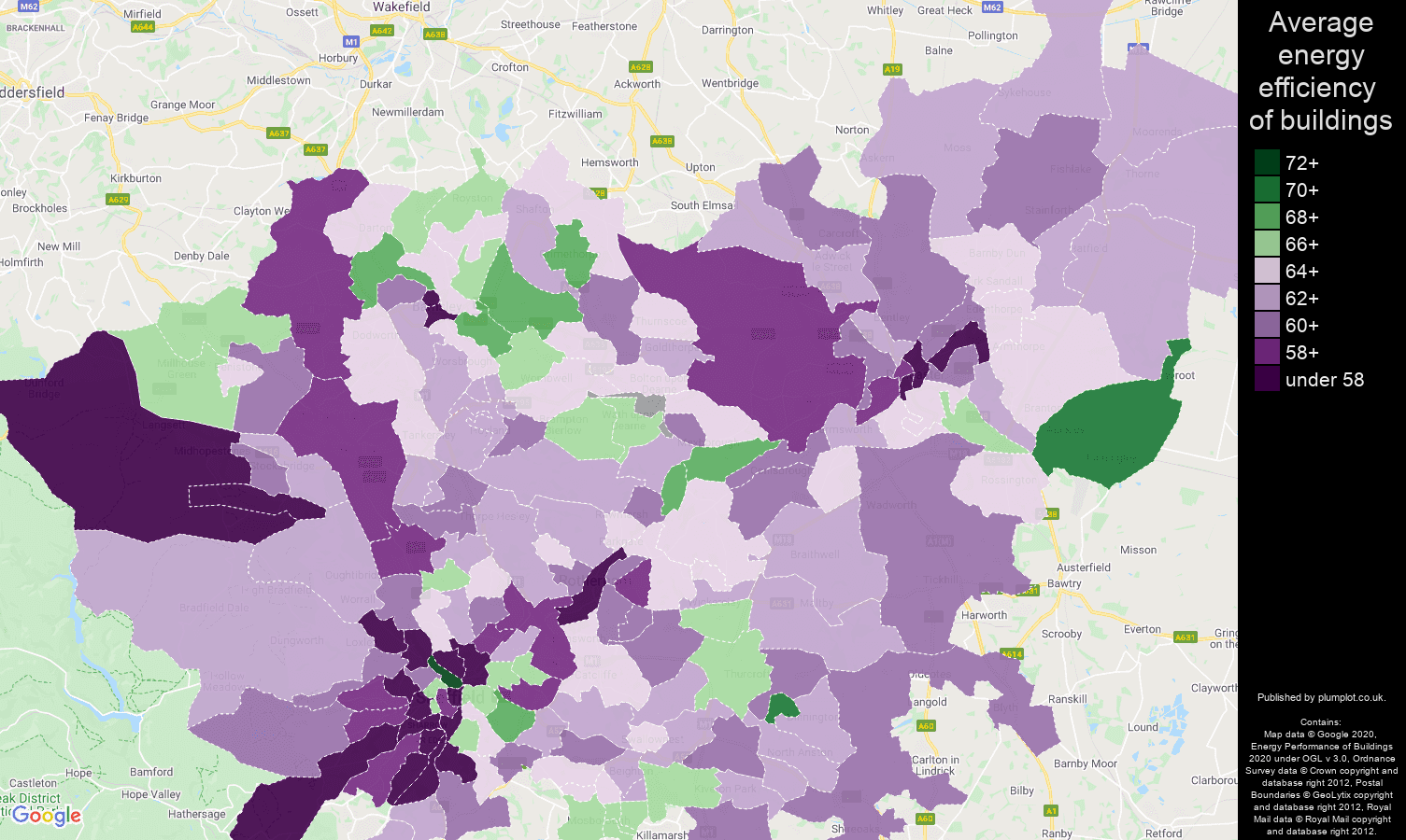 South Yorkshire map of energy efficiency of houses