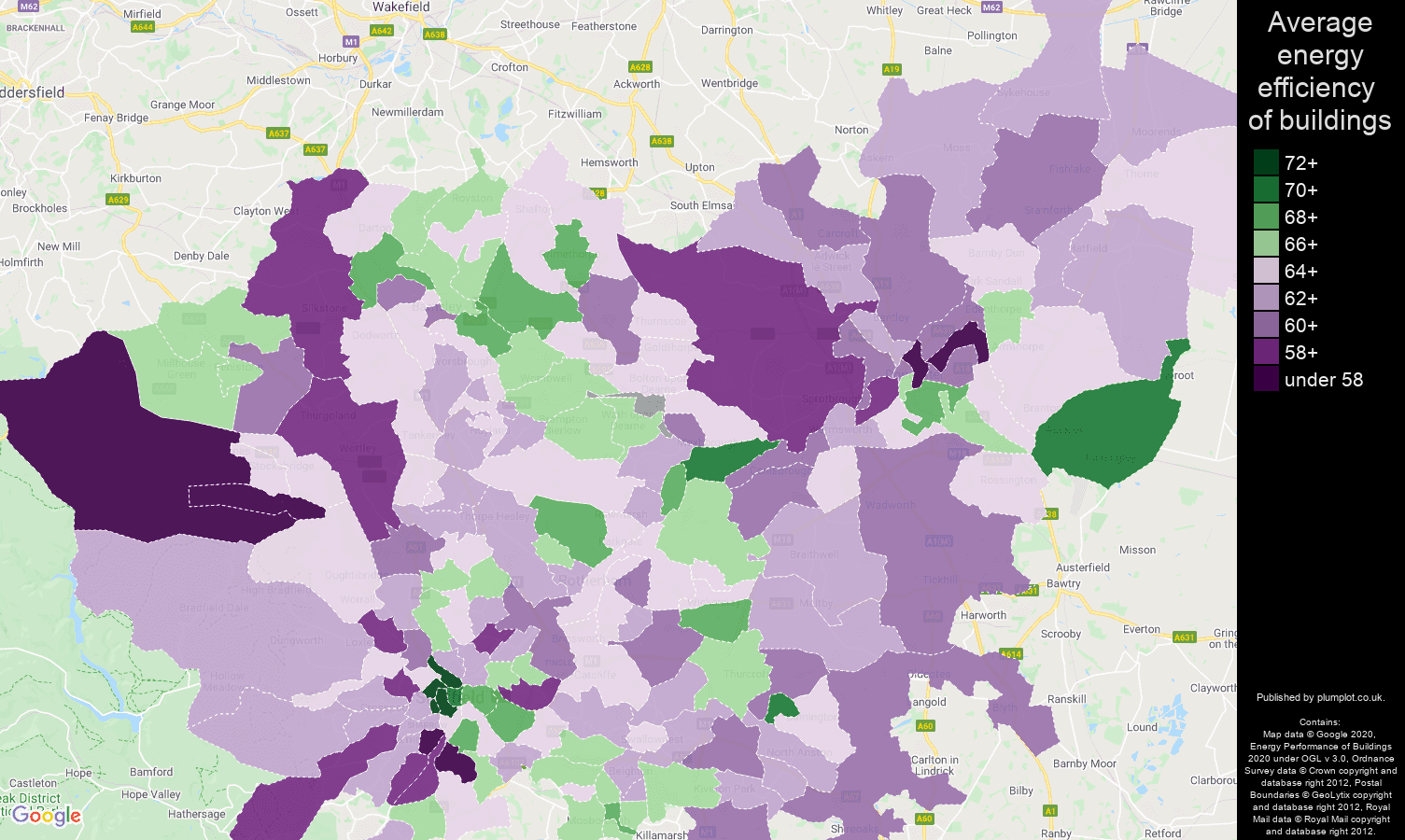 South Yorkshire map of energy efficiency of properties