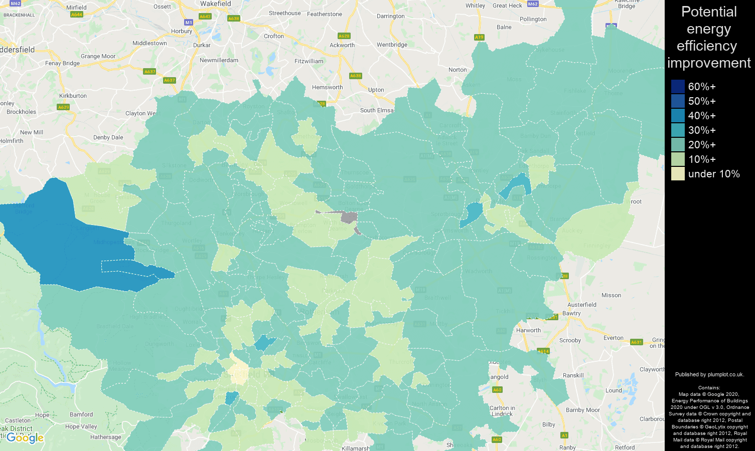 South Yorkshire map of potential energy efficiency improvement of properties