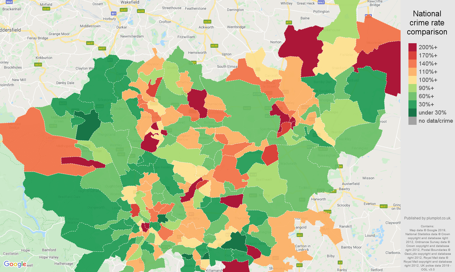 South Yorkshire other theft crime rate comparison map