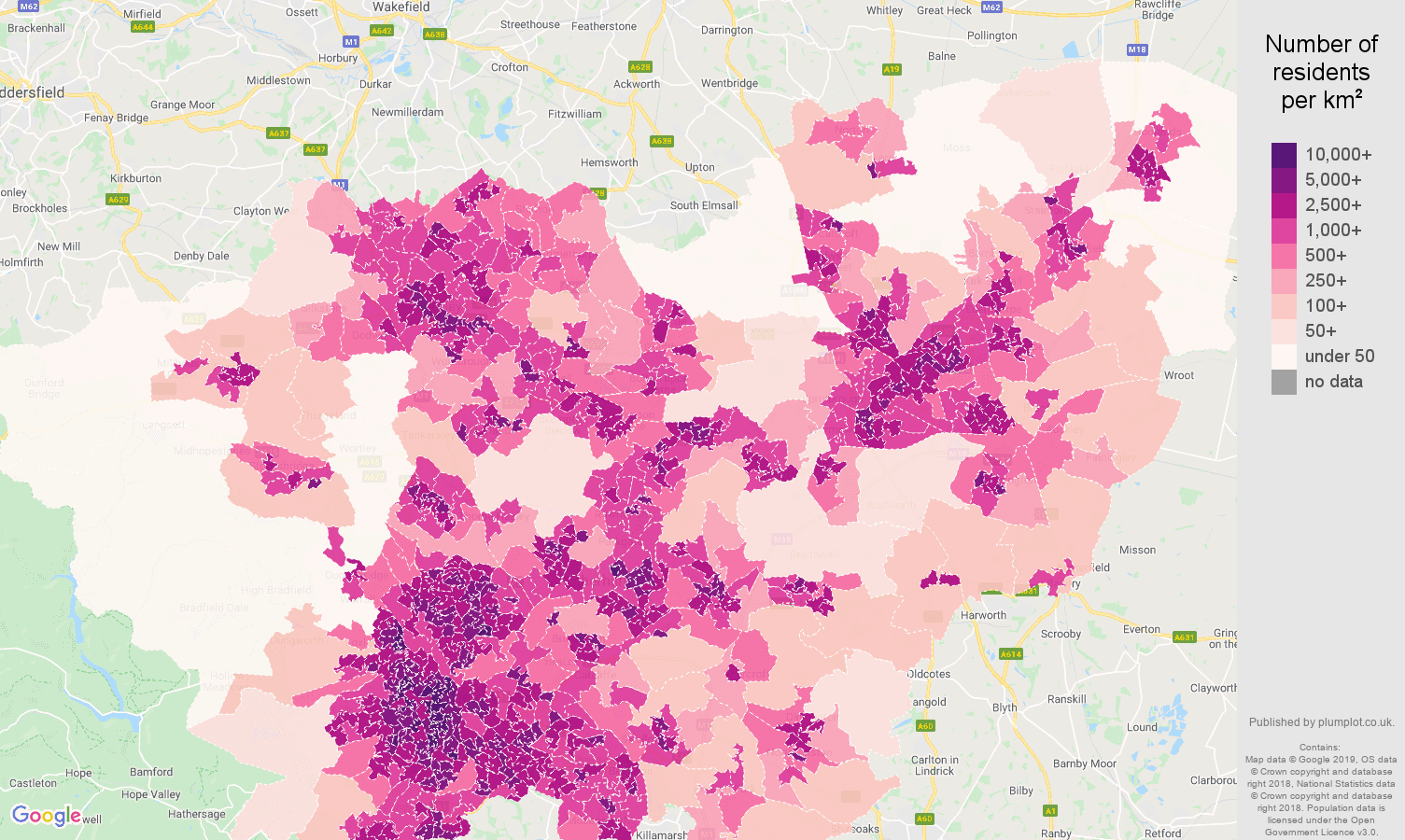 South Yorkshire population density map