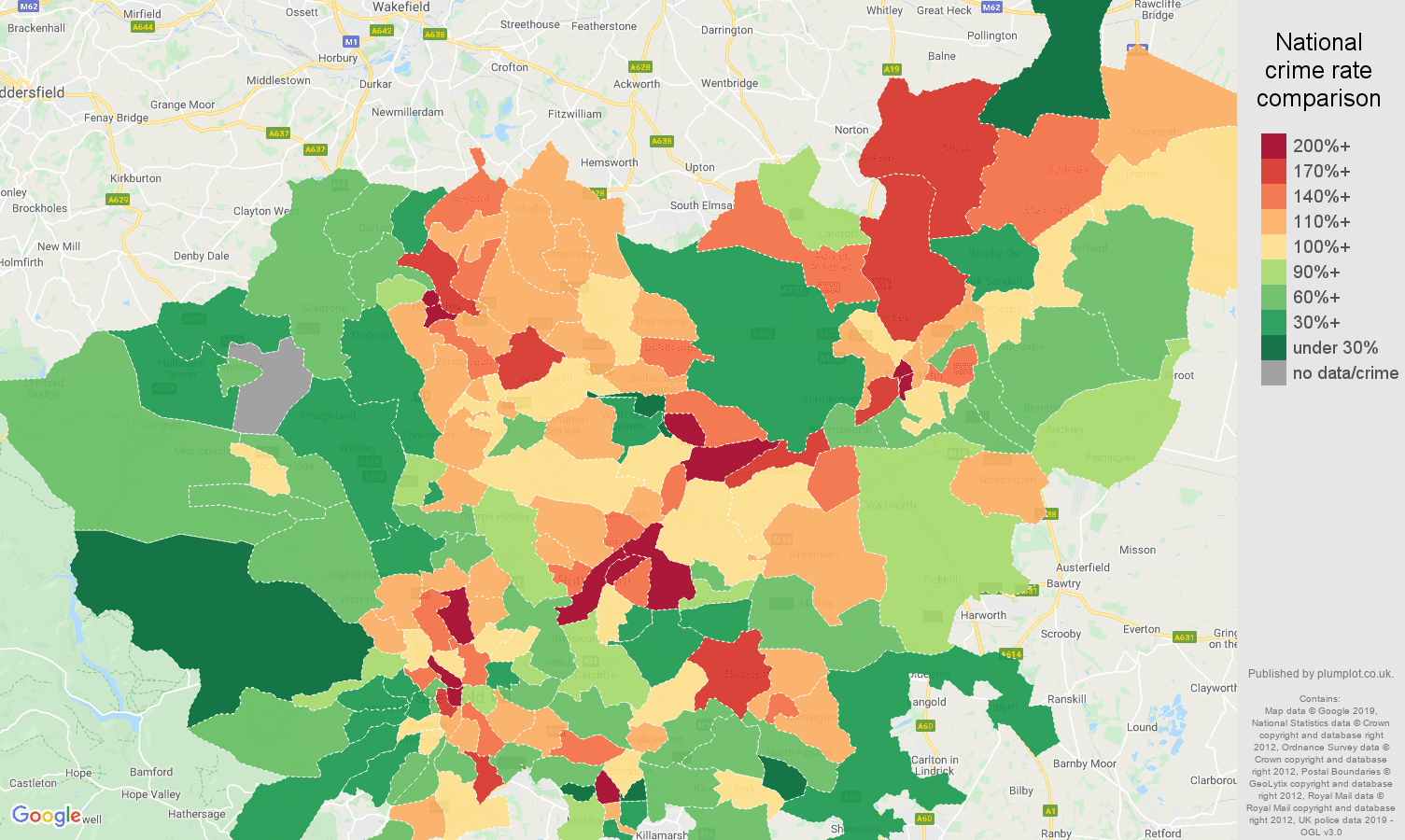 South Yorkshire public order crime rate comparison map