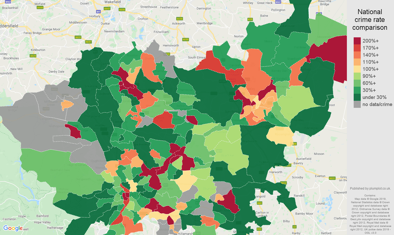 South Yorkshire shoplifting crime rate comparison map