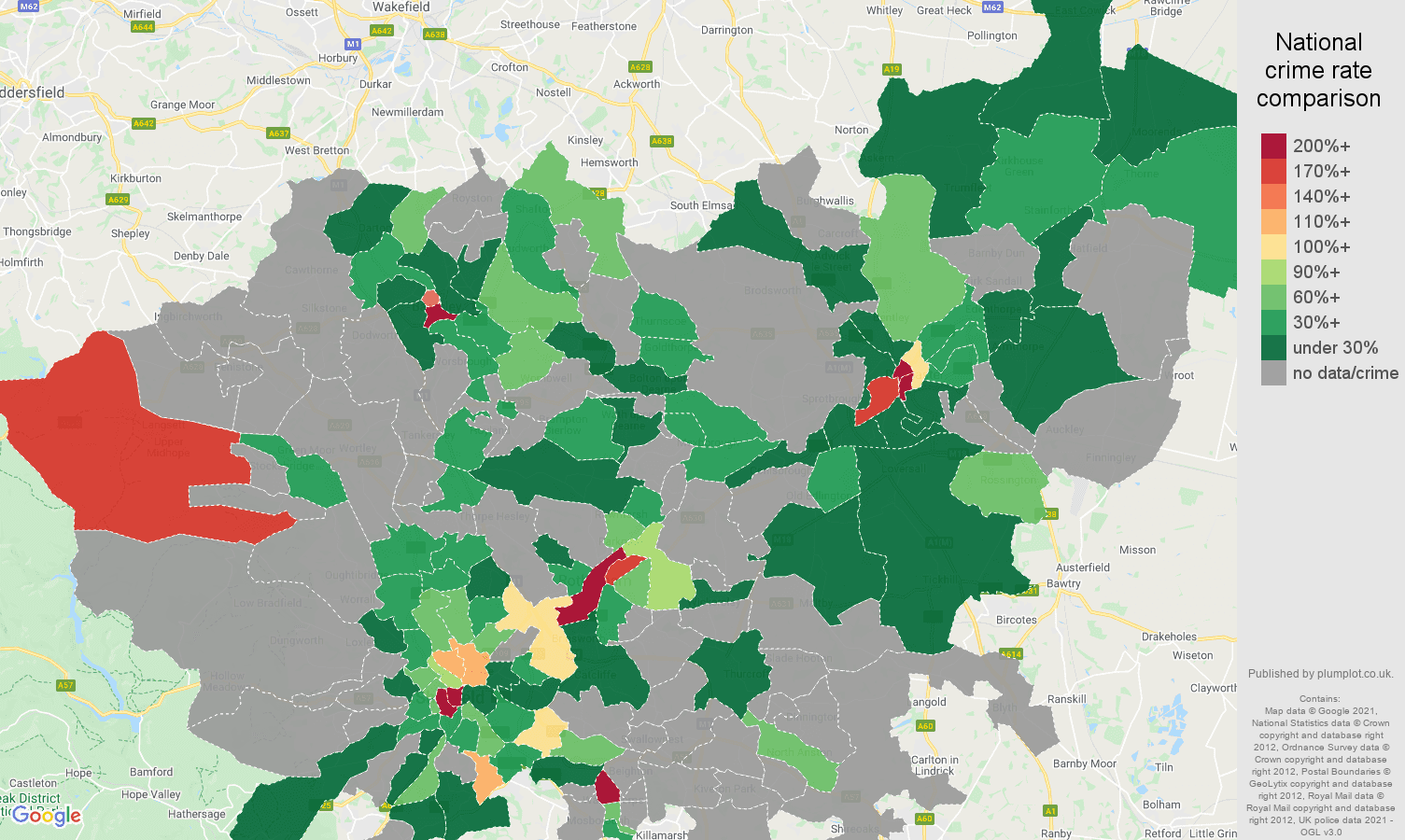 South Yorkshire theft from the person crime rate comparison map