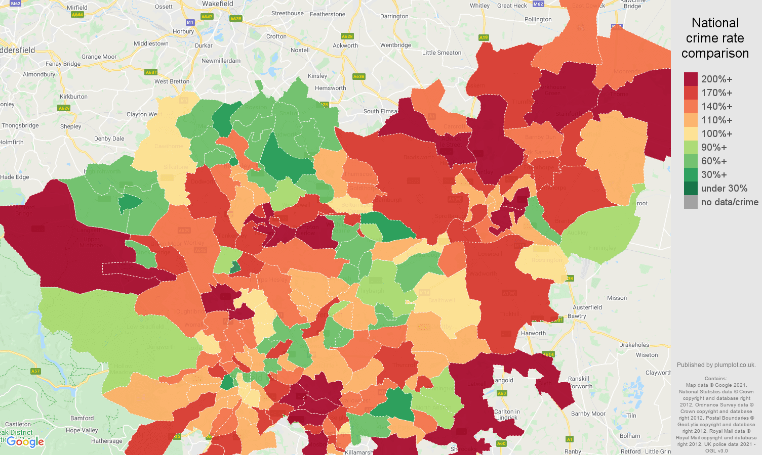 South Yorkshire vehicle crime rate comparison map