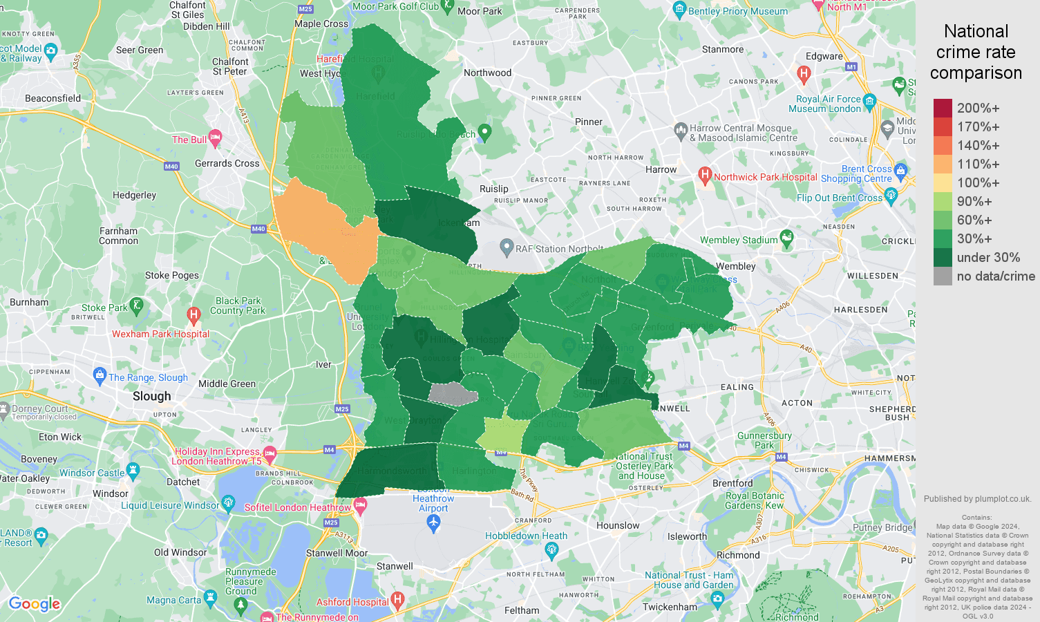 Southall possession of weapons crime rate comparison map
