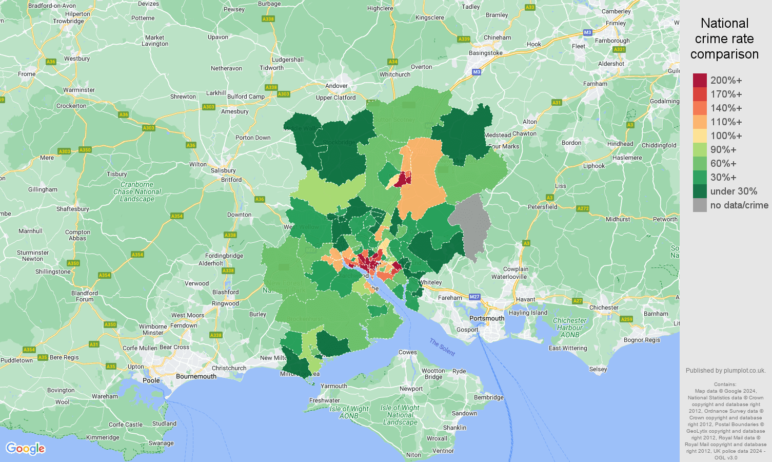 Southampton drugs crime rate comparison map