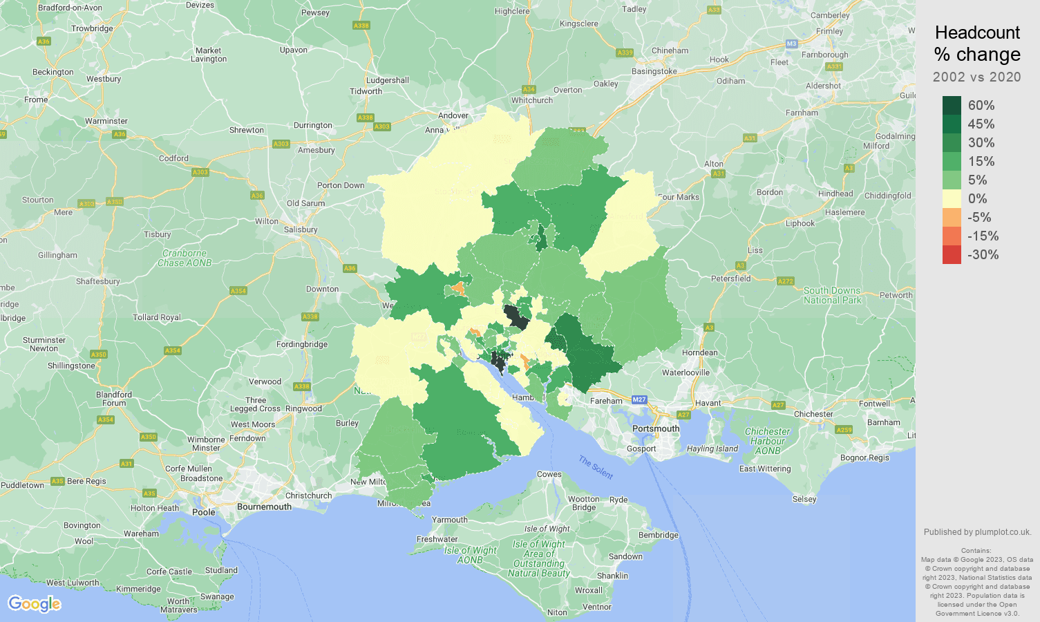 Southampton headcount change map