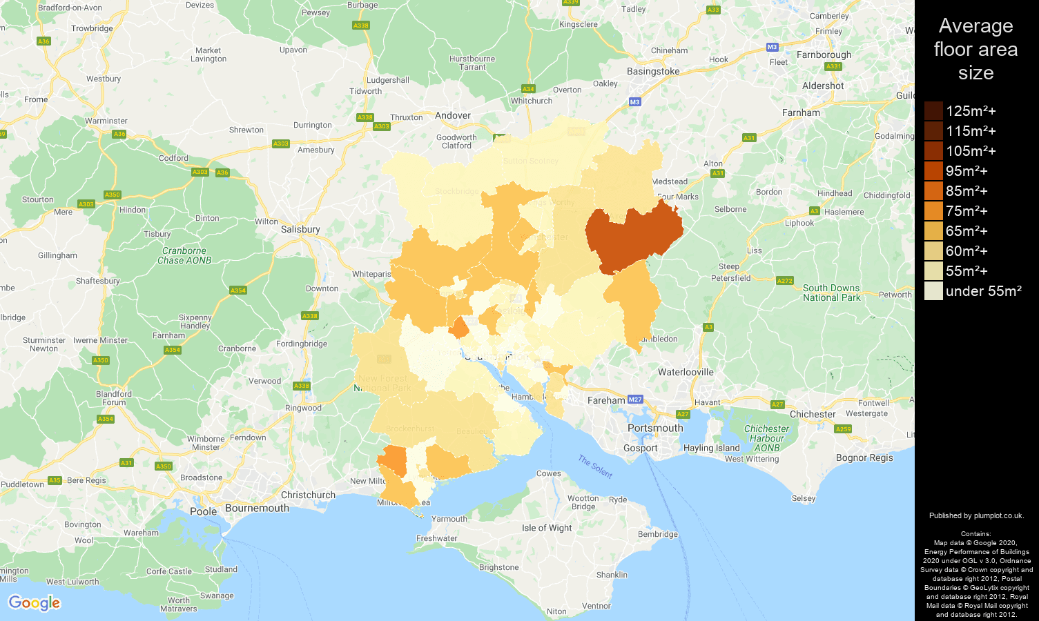 Southampton map of average floor area size of flats