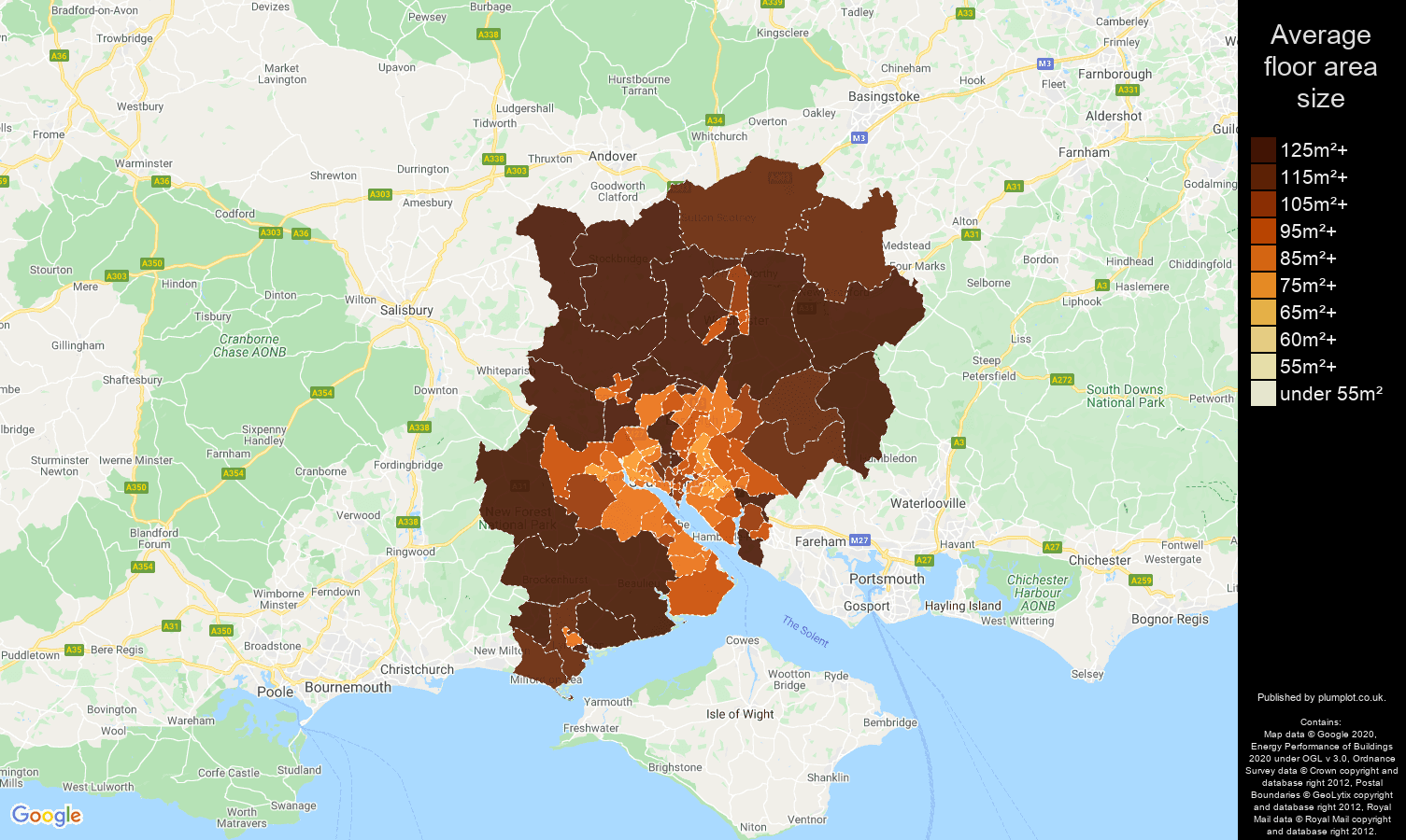 Southampton map of average floor area size of houses