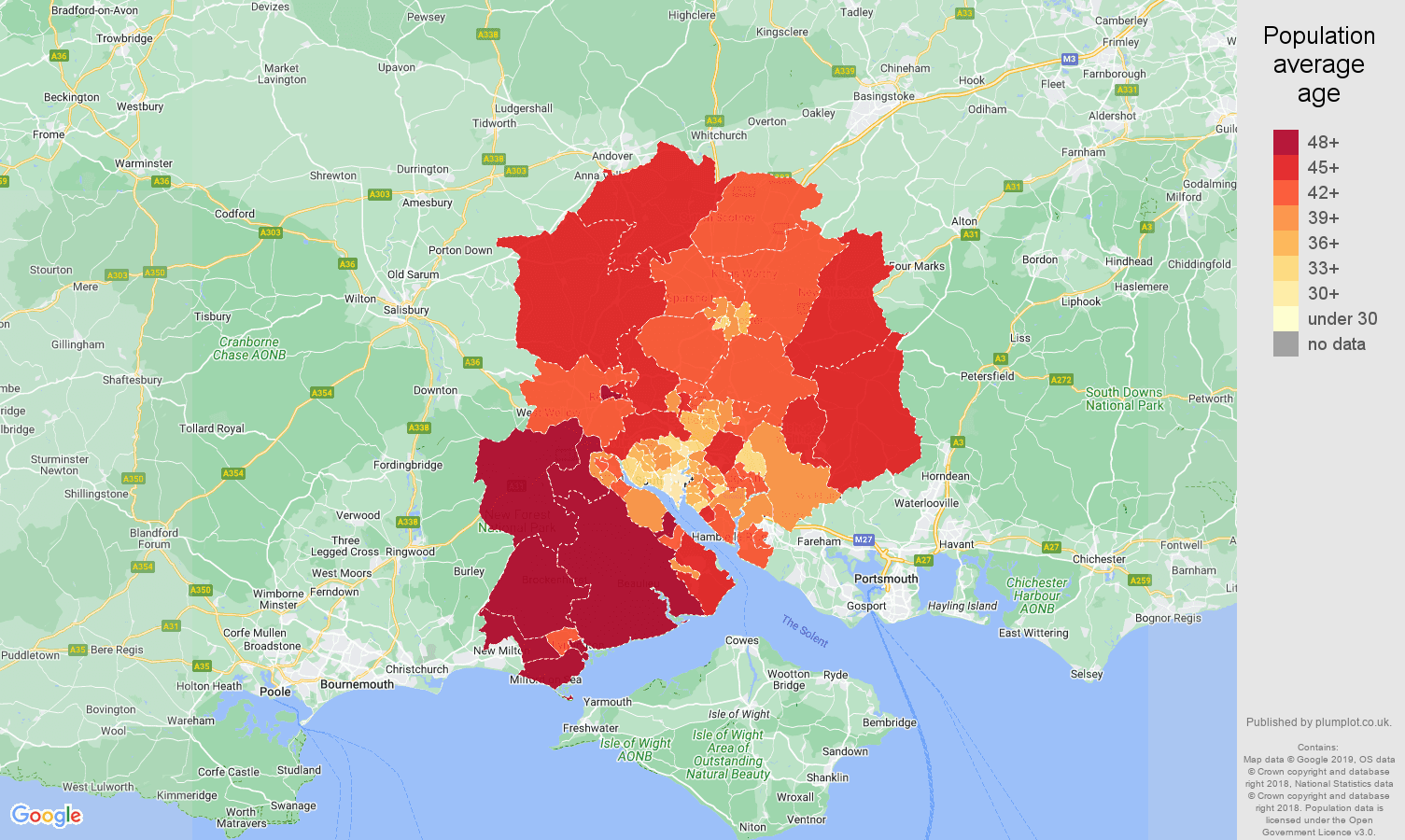 Southampton population average age map