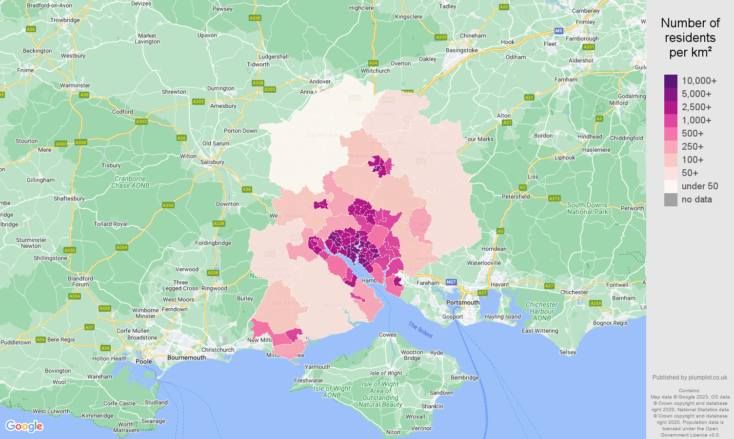 Southampton population density map