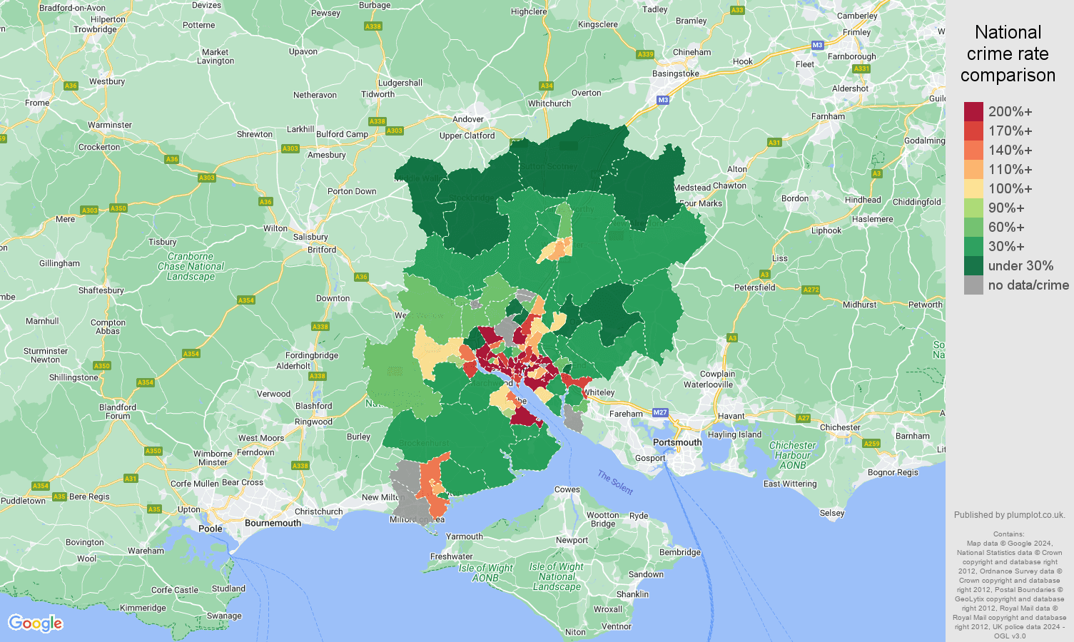 Southampton possession of weapons crime rate comparison map