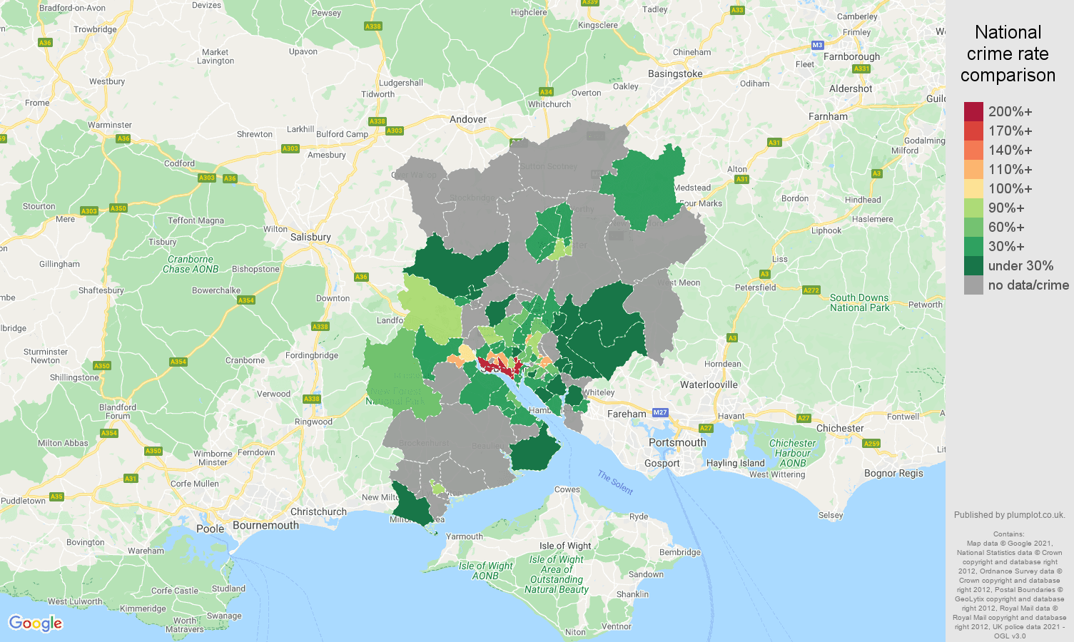 Southampton theft from the person crime rate comparison map