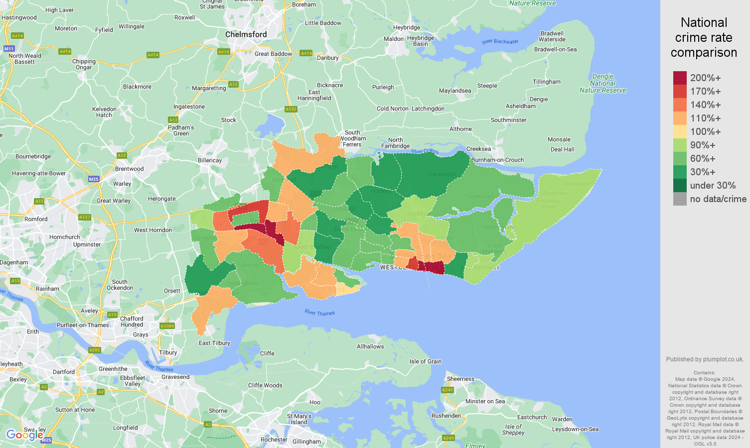 Southend on Sea crime rate comparison map