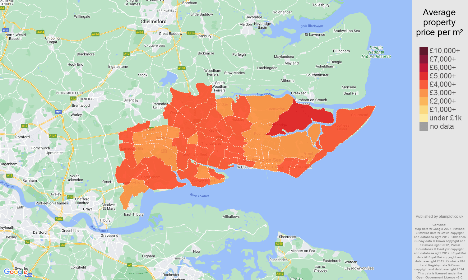Southend on Sea house prices per square metre map