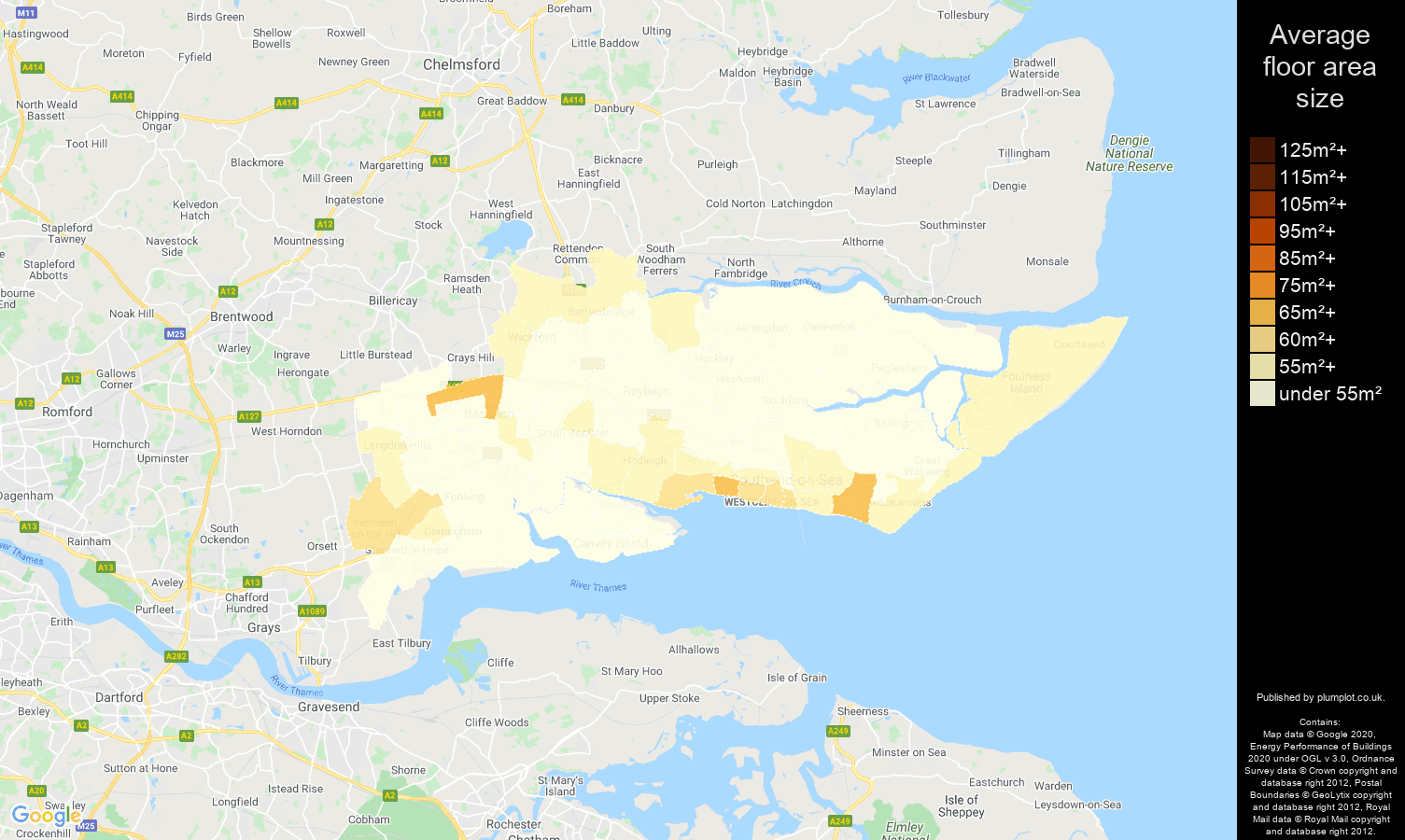 Southend on Sea map of average floor area size of flats