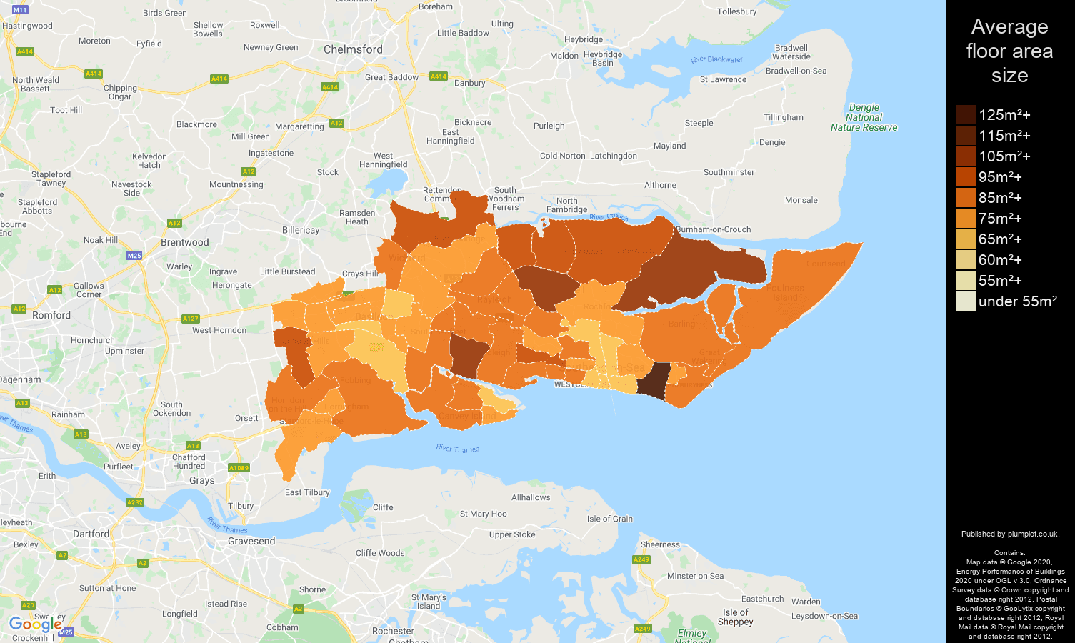 Southend on Sea map of average floor area size of properties